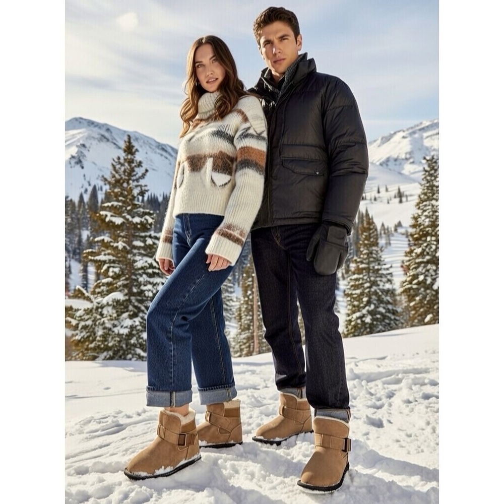 NIB UNISEX Katliu Tan Suede Adjustable Ankle Boots Faux Fur Lining Rubber Sole